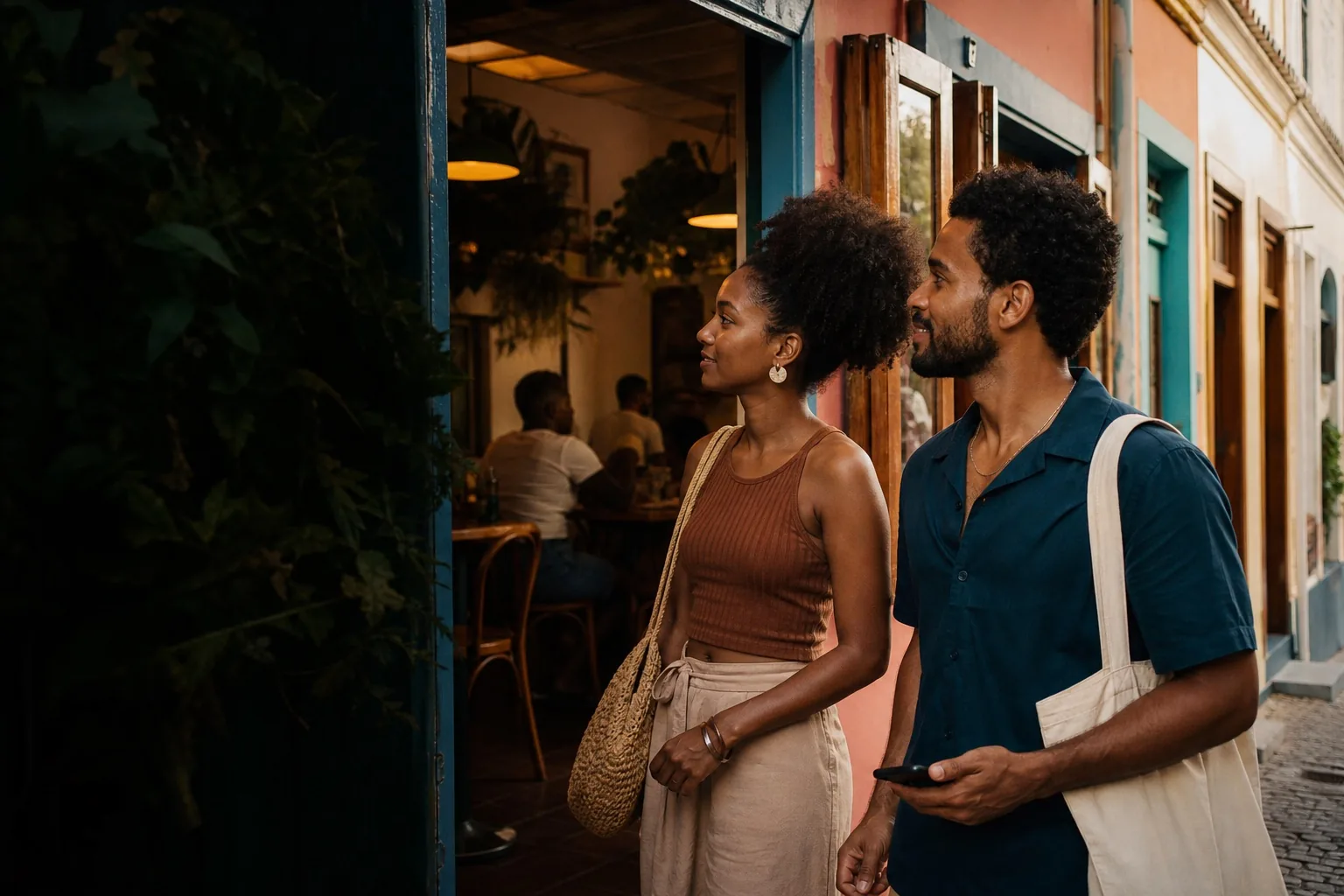 Cena ilustrativa: Casal chegando a um café em Salvador